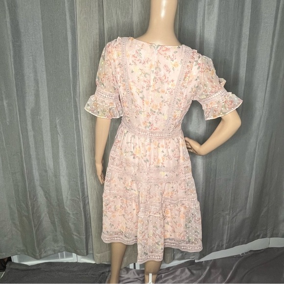 Rachel Parcell Mix Lace Fit Flare Mauve Pink Flutter Sleeve Midi Dress Small - Picture 5 of 11
